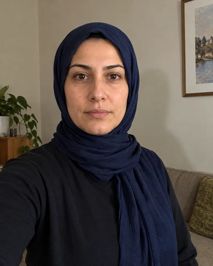 Vorher: Handyfoto einer Frau mit Kopftuch vor einer Wohnzimmerwand
